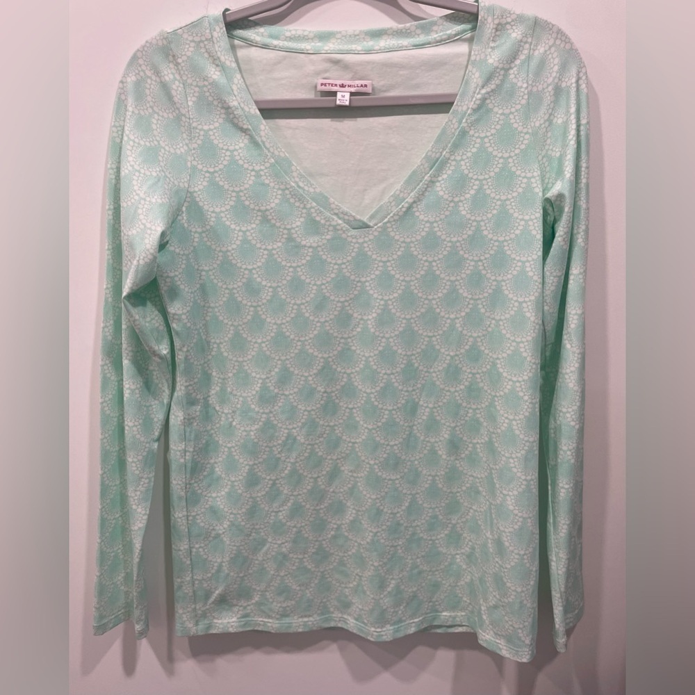 Peter Millar Woman TShirt Size Med White Green VNeck Long Sleeve Cotton Blend